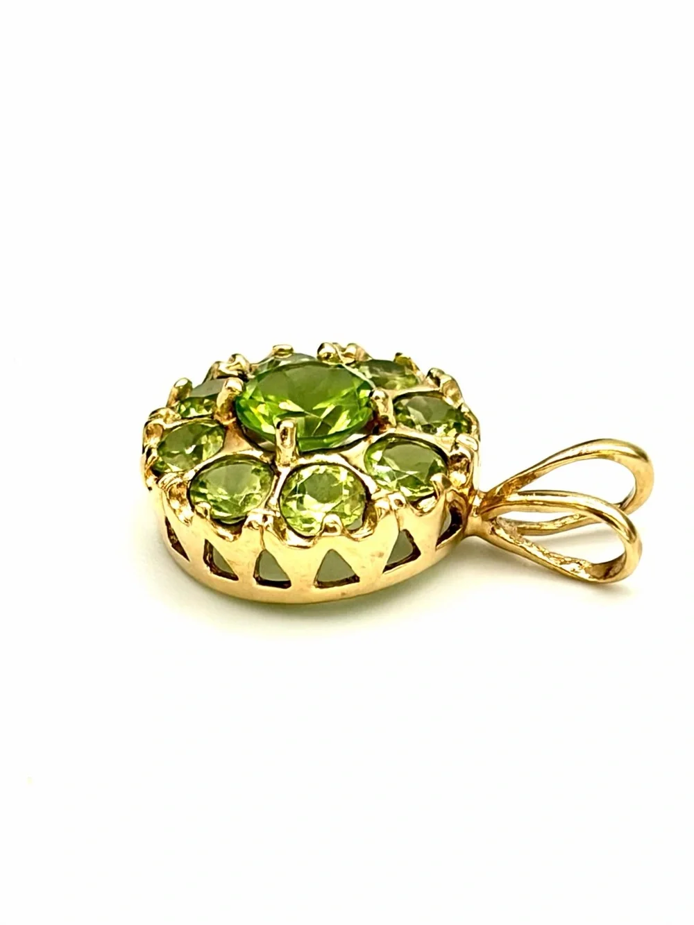 Solid 14k Gold Green Peridot Round Halo Pendant - Vintage Victorian Style